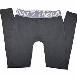 Gymshark Womens Medium Seamless Leggings Grey Wide Waistband Spellout Athleisure